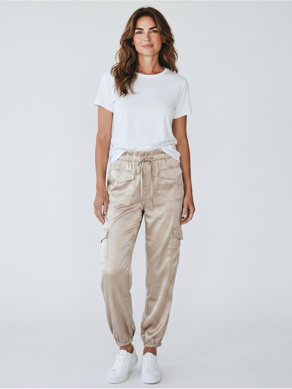Banana Republic Satin Cargo Joggers in Light Beige